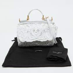 Pre Owned Dolce & Gabbana White Fabric Cordonetto Lace Medium Sicily Cordonetto Top Handle Bag