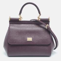 Pre Owned Dolce & Gabbana Plum Leather Small Miss Sicily Top Handle Bag