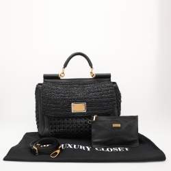 Pre Owned Dolce & Gabbana Black Leather and Raffia Miss Sicily Top Handle Bag
