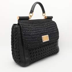 Pre Owned Dolce & Gabbana Black Leather and Raffia Miss Sicily Top Handle Bag