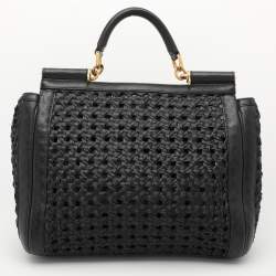 Pre Owned Dolce & Gabbana Black Leather and Raffia Miss Sicily Top Handle Bag