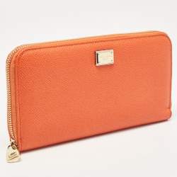 Pre Owned Dolce & Gabbana Orange Leather Zip Around Wallet