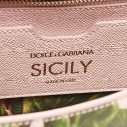 Pre Owned Dolce & Gabbana Pink Fig Print Leather Medium Embellished Sicily Top Handle Bag