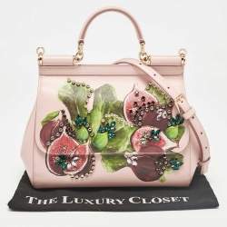 Pre Owned Dolce & Gabbana Pink Fig Print Leather Medium Embellished Sicily Top Handle Bag