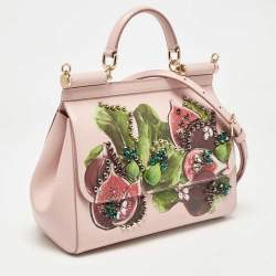 Pre Owned Dolce & Gabbana Pink Fig Print Leather Medium Embellished Sicily Top Handle Bag
