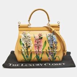 Pre Owned Dolce & Gabbana Mustard Floral Print Leather Small Crystals Sicily Top Handle Bag