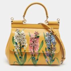 Pre Owned Dolce & Gabbana Mustard Floral Print Leather Small Crystals Sicily Top Handle Bag