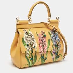 Pre Owned Dolce & Gabbana Mustard Floral Print Leather Small Crystals Sicily Top Handle Bag