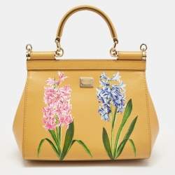 Pre Owned Dolce & Gabbana Mustard Floral Print Leather Small Crystals Sicily Top Handle Bag