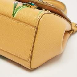 Pre Owned Dolce & Gabbana Mustard Floral Print Leather Small Crystals Sicily Top Handle Bag