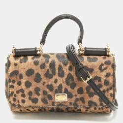 Pre Owned Dolce & Gabbana Black/Brown Leopard Print Coated Canvas and Leather Mini Miss Sicily Bag
