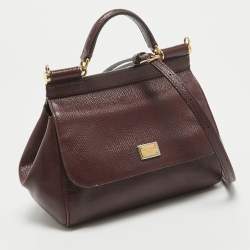 Pre Owned Dolce & Gabbana Burgundy Leather Mini Miss Sicily Top Handle Bag