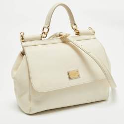 Pre Owned Dolce & Gabbana Off White Leather Medium Miss Sicily Top Handle Bag
