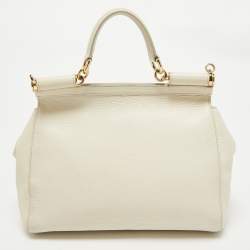 Pre Owned Dolce & Gabbana Off White Leather Medium Miss Sicily Top Handle Bag