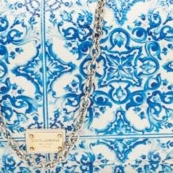 Pre Owned Dolce & Gabbana Blue/White Majolica Print Leather Miss Sicily Wallet On Chain