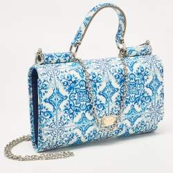 Pre Owned Dolce & Gabbana Blue/White Majolica Print Leather Miss Sicily Wallet On Chain
