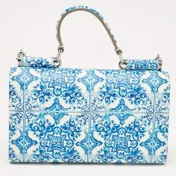 Pre Owned Dolce & Gabbana Blue/White Majolica Print Leather Miss Sicily Wallet On Chain