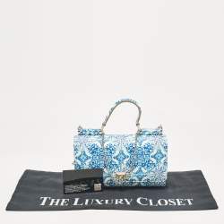 Pre Owned Dolce & Gabbana Blue/White Majolica Print Leather Miss Sicily Wallet On Chain