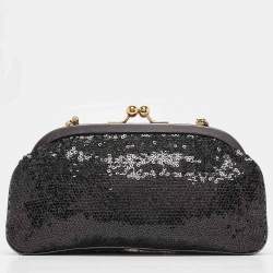Pre Owned Dolce & Gabbana Black/Grey Leather and Sequins Crystals Embellished Frame Chain Clutch