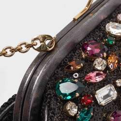 Pre Owned Dolce & Gabbana Black/Grey Leather and Sequins Crystals Embellished Frame Chain Clutch