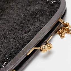 Pre Owned Dolce & Gabbana Black/Grey Leather and Sequins Crystals Embellished Frame Chain Clutch