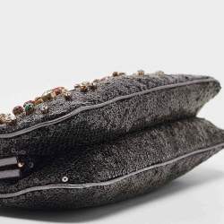 Pre Owned Dolce & Gabbana Black/Grey Leather and Sequins Crystals Embellished Frame Chain Clutch