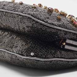 Pre Owned Dolce & Gabbana Black/Grey Leather and Sequins Crystals Embellished Frame Chain Clutch