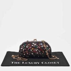 Pre Owned Dolce & Gabbana Black/Grey Leather and Sequins Crystals Embellished Frame Chain Clutch