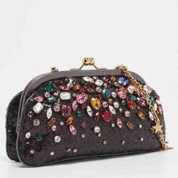 Pre Owned Dolce & Gabbana Black/Grey Leather and Sequins Crystals Embellished Frame Chain Clutch