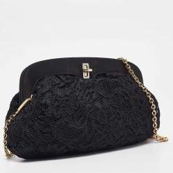 Pre Owned Dolce & Gabbana Black Lace and Satin Turnlock Frame Chain Clutch