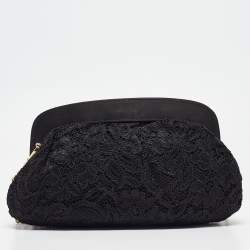 Pre Owned Dolce & Gabbana Black Lace and Satin Turnlock Frame Chain Clutch