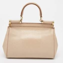 Pre Owned Dolce & Gabbana Beige Lizard Embossed Leather Small Miss Sicily Top Handle Bag
