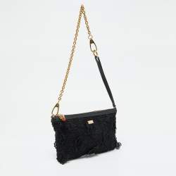 Pre Owned Dolce & Gabbana Black Lace and Leather Shoulder Bag