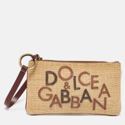 Pre Owned Dolce & Gabbana Beige/Brown Raffia and Leather Wristlet Clutch