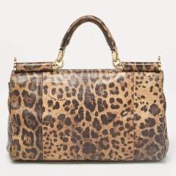 Pre Owned Dolce & Gabbana Brown Leopard Print Lizard Leather Top Handle Bag