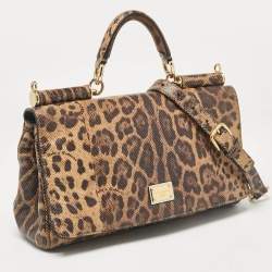 Pre Owned Dolce & Gabbana Brown Leopard Print Lizard Leather Top Handle Bag