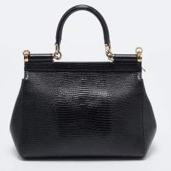 Pre Owned Dolce & Gabbana Black Lizard Embossed Leather Small Miss Sicily Top Handle Bag