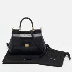 Pre Owned Dolce & Gabbana Black Lizard Embossed Leather Small Miss Sicily Top Handle Bag