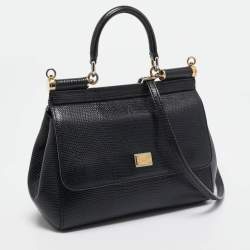 Pre Owned Dolce & Gabbana Black Lizard Embossed Leather Small Miss Sicily Top Handle Bag
