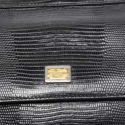 Pre Owned Dolce & Gabbana Black Lizard Embossed Leather Small Miss Sicily Top Handle Bag