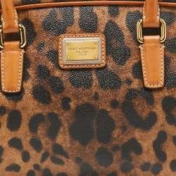 Pre Owned Dolce & Gabbana Brown/Black Leopard Coated Canvas and Leather Logo Satchel