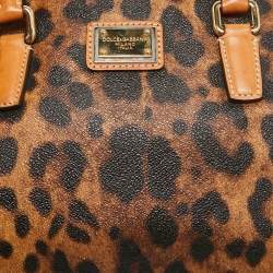 Pre Owned Dolce & Gabbana Brown/Black Leopard Coated Canvas and Leather Logo Satchel