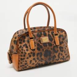Pre Owned Dolce & Gabbana Brown/Black Leopard Coated Canvas and Leather Logo Satchel
