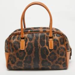 Pre Owned Dolce & Gabbana Brown/Black Leopard Coated Canvas and Leather Logo Satchel