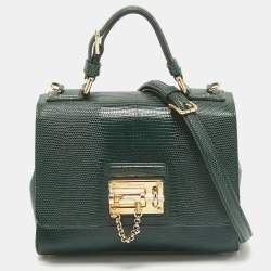 Pre Owned Dolce & Gabbana Green Lizard Embossed Leather Small Miss Monica Top Handle Bag