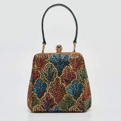 Pre Owned Dolce & Gabbana Multicolor Printed Fabric and Crocodile Frame Top Handle Bag