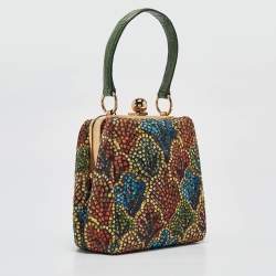 Pre Owned Dolce & Gabbana Multicolor Printed Fabric and Crocodile Frame Top Handle Bag