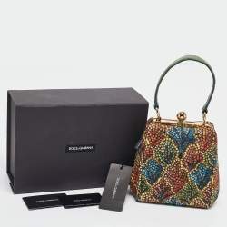 Pre Owned Dolce & Gabbana Multicolor Printed Fabric and Crocodile Frame Top Handle Bag