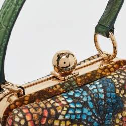 Pre Owned Dolce & Gabbana Multicolor Printed Fabric and Crocodile Frame Top Handle Bag