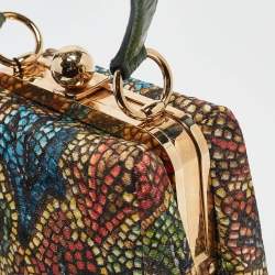 Pre Owned Dolce & Gabbana Multicolor Printed Fabric and Crocodile Frame Top Handle Bag